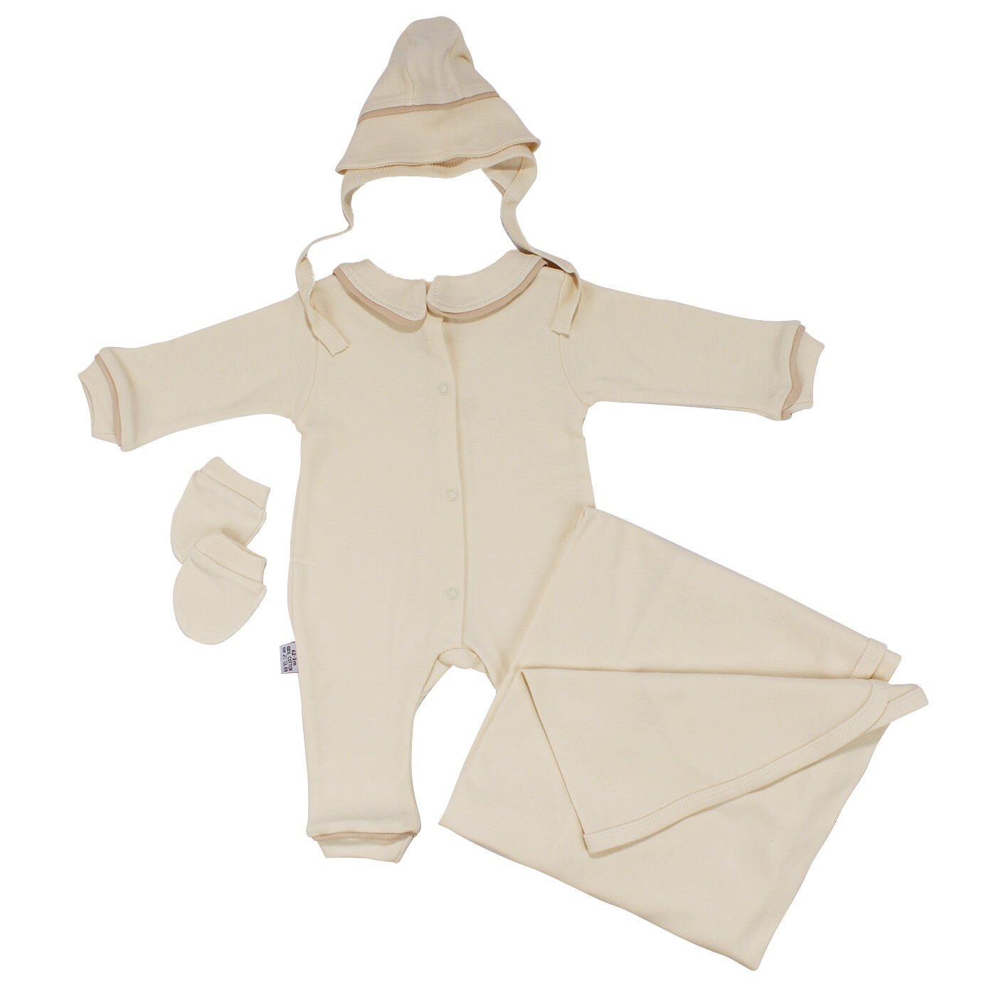 Unisex Ekru Bej Biyeli Bereli Tulum Battaniye Dört Parça Set 0-3 Ay