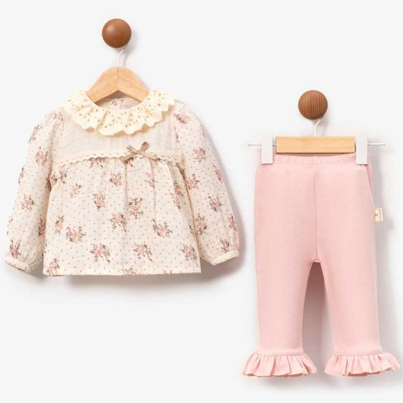 Kız Bebek Ekru Pembe Çiçek Desenli Fistolo 2'li Takım