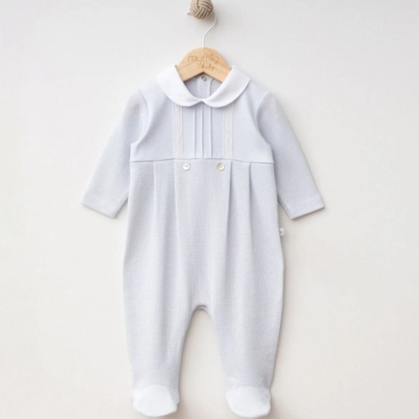 Erkek Bebek Mavi Yakalı Düğmeli Patikli Tulum