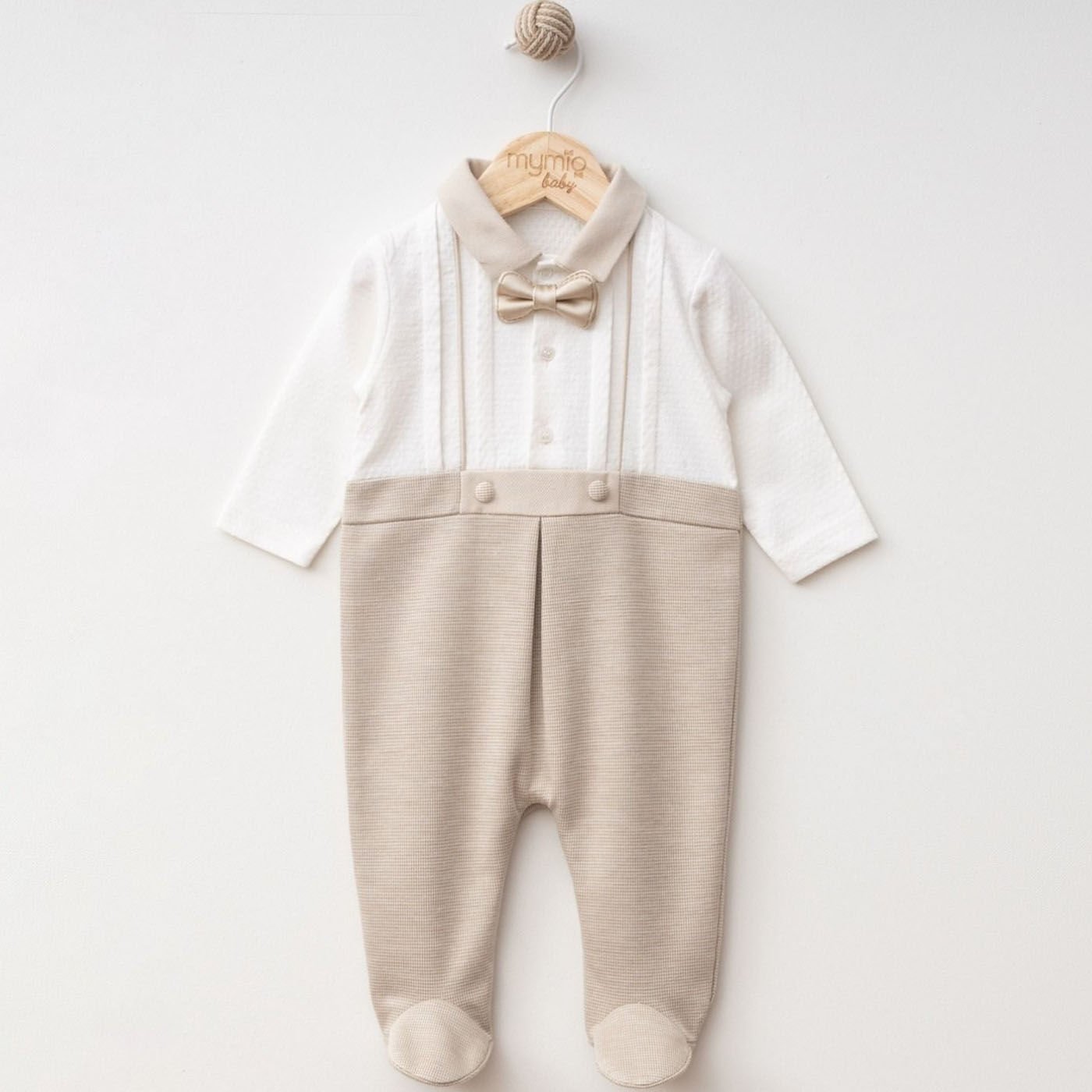 Erkek Bebek Ekru Kahve Papyonlu Patikli Tulum