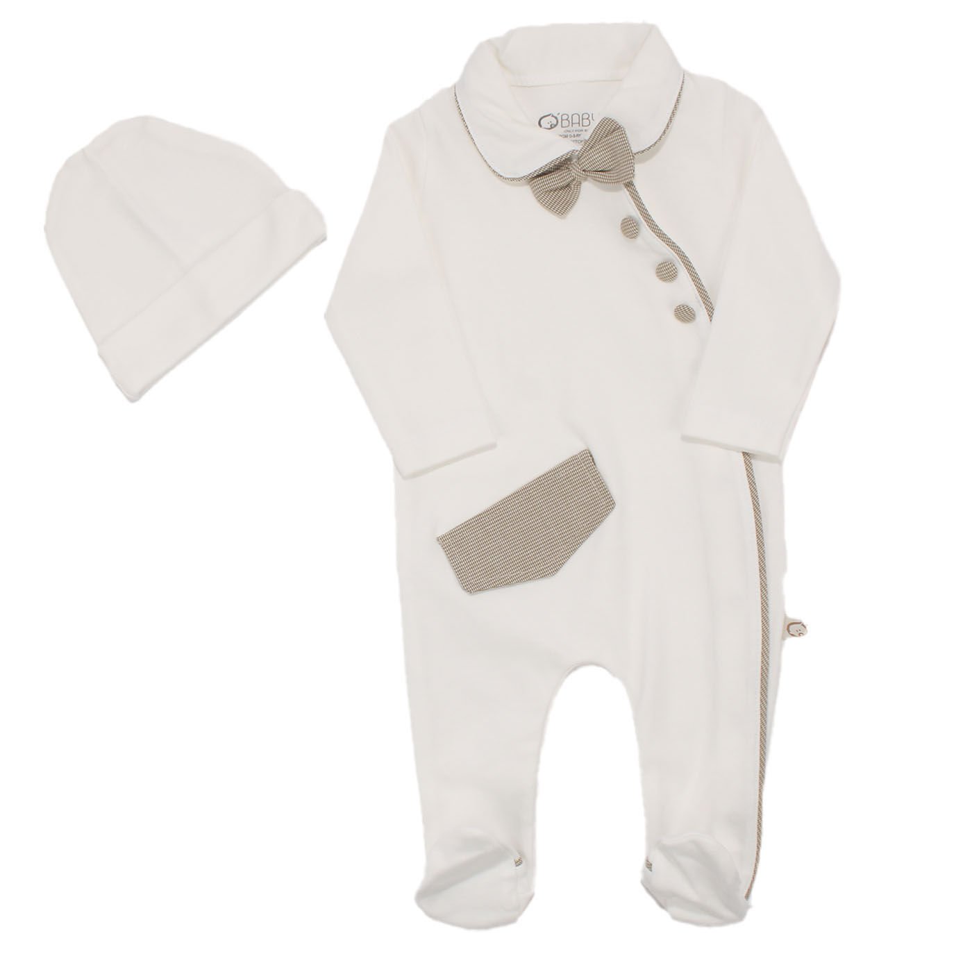 Erkek Bebek Ekru Kahve Şeritli Papyonlu Yandan Çıtçıtlı Bereli  Lüks Tulum