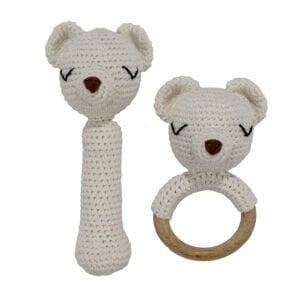 Amigurumi Sevimli Ekru Ayı Diş Kaşıyıcı Çıngıraklı Organik Oyuncak 2'li Set