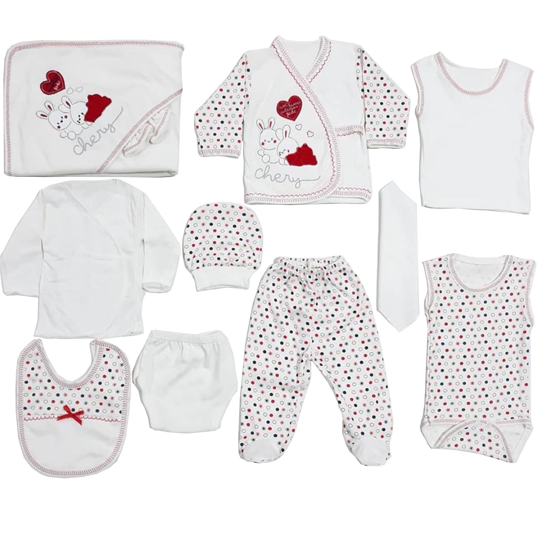 Chery Kırmızı Kalpli Tavşan Puanlı 11 Parça Hastane Çıkış Seti