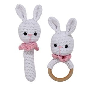 Amigurumi Sevimli Beyaz Pembe Tavşan Diş Kaşıyıcı Çıngıraklı Organik Oyuncak 2'li Set
