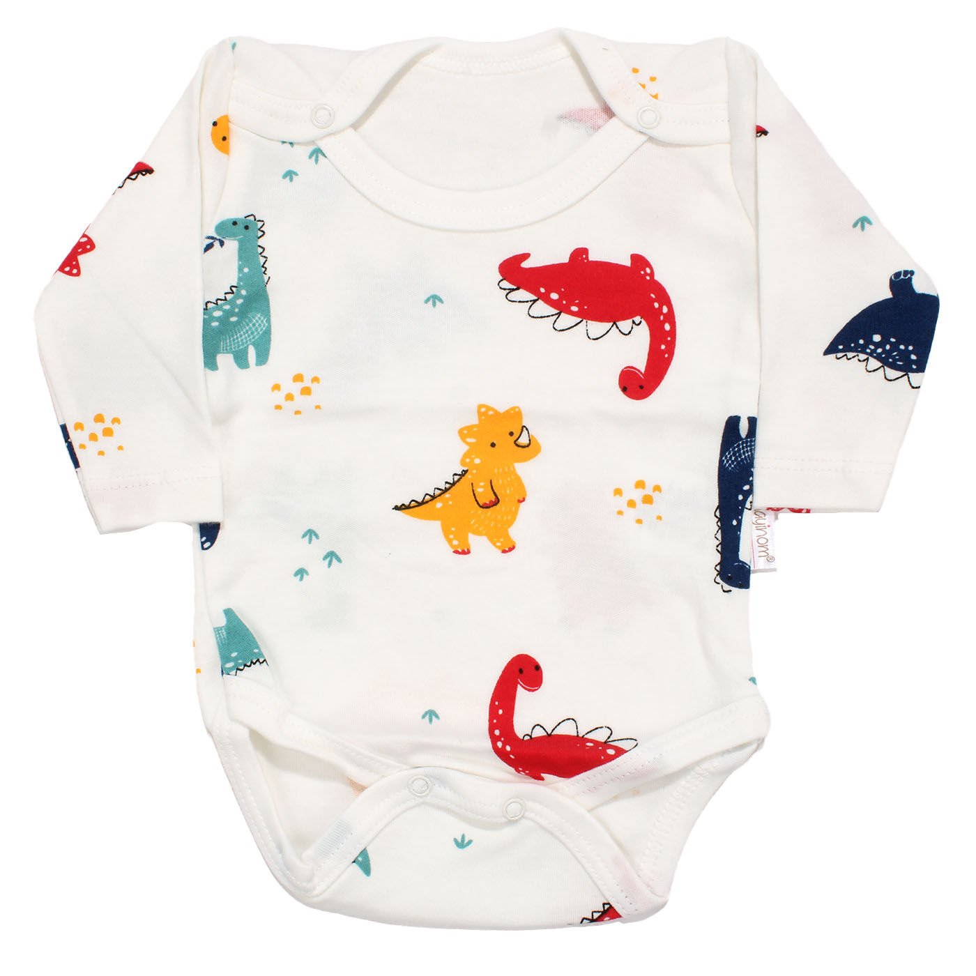Erkek Bebek Beyaz Renkli Dino Baskılı Uzun Kollu Zıbın
