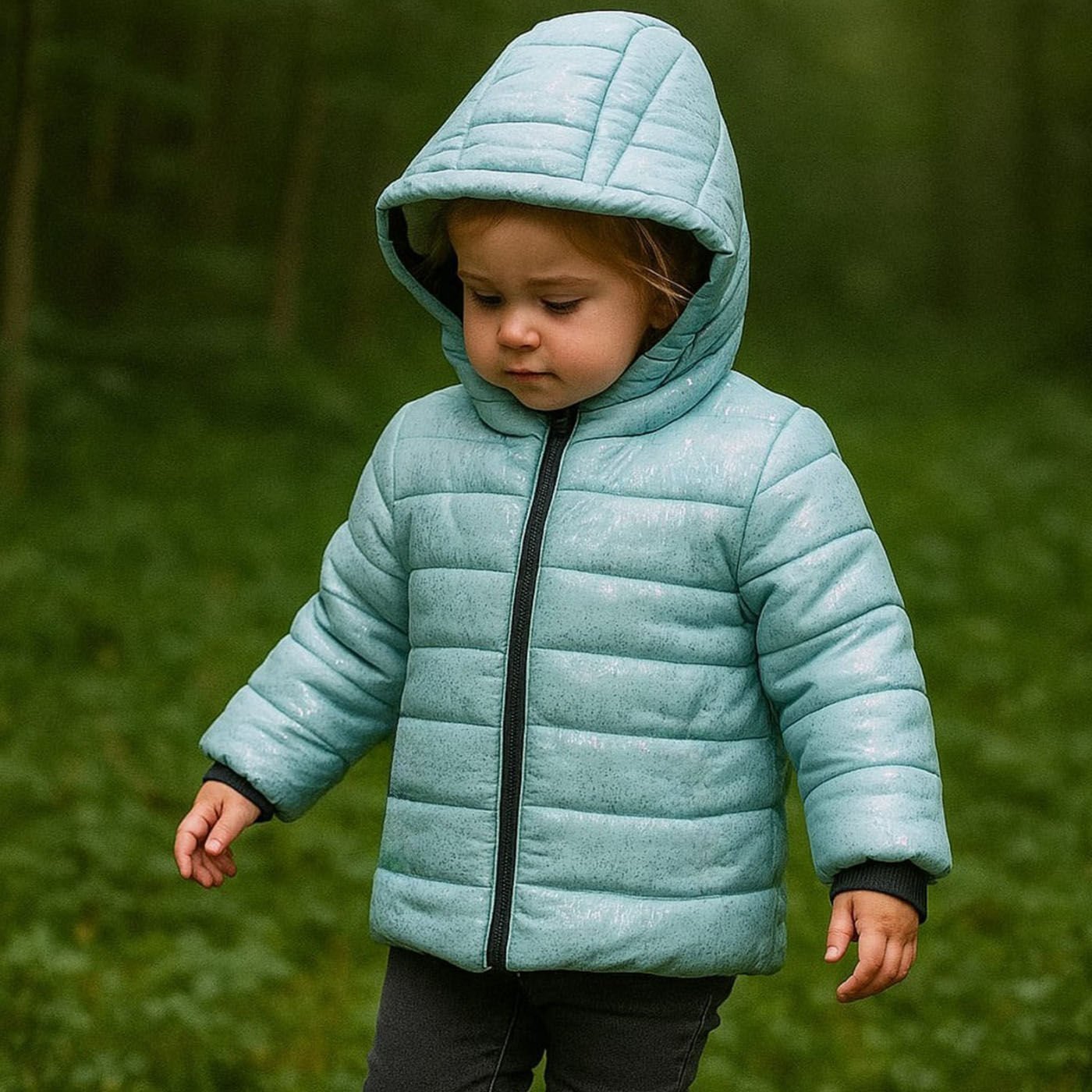 Kız Çocuk Su Yeşili Simli Parlak İçi Peluş Mont