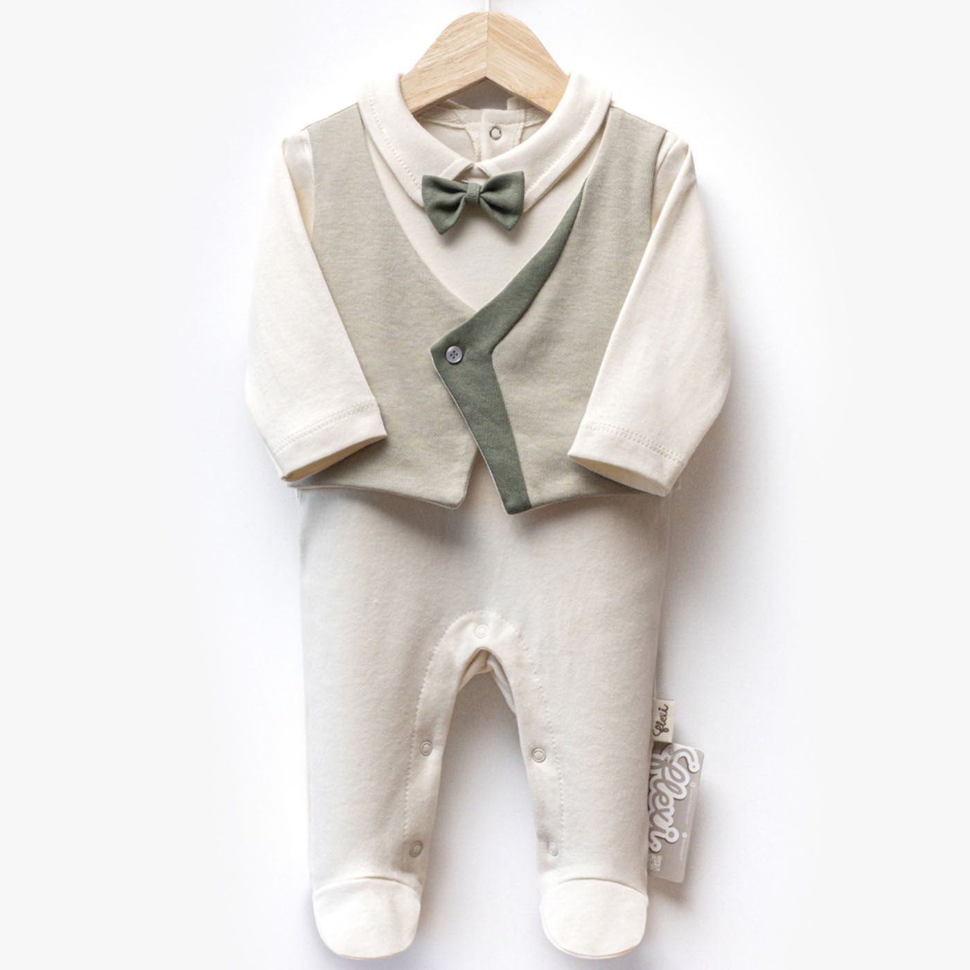 Erkek Bebek Ekru Yeşil Papyonlu Kendinden Yelekli Patikli Lüks Tulum