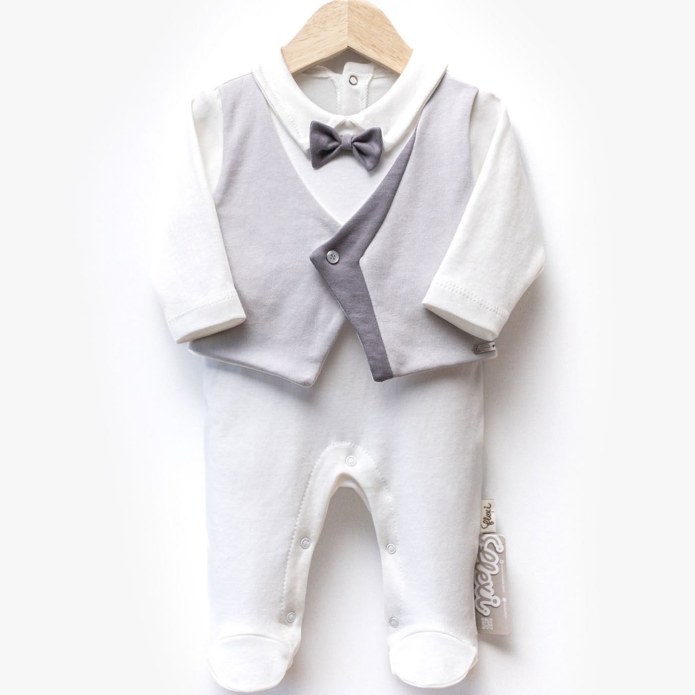 Erkek Bebek Ekru Gri Papyonlu Kendinden Yelekli Patikli Lüks Tulum