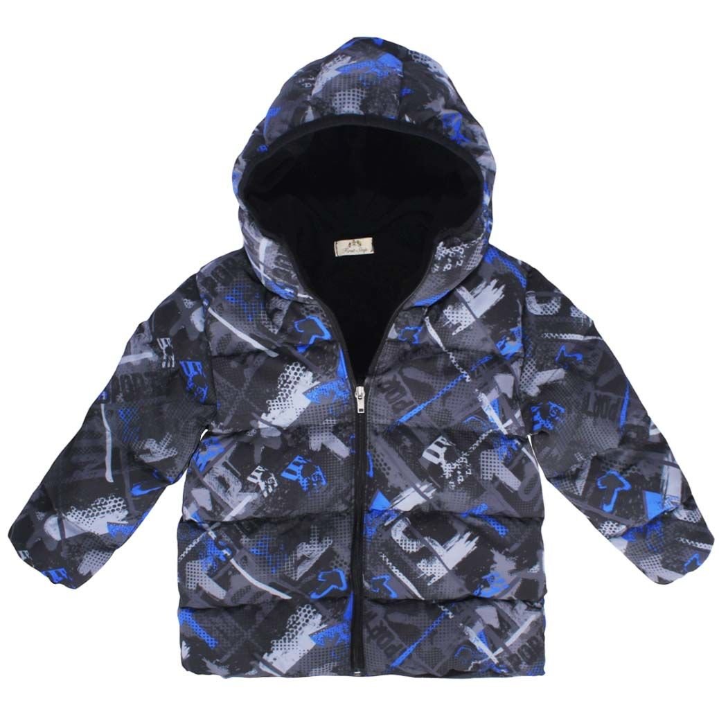 Erkek Çocuk Siyah Mavi Gri Desenli Şişme Mont