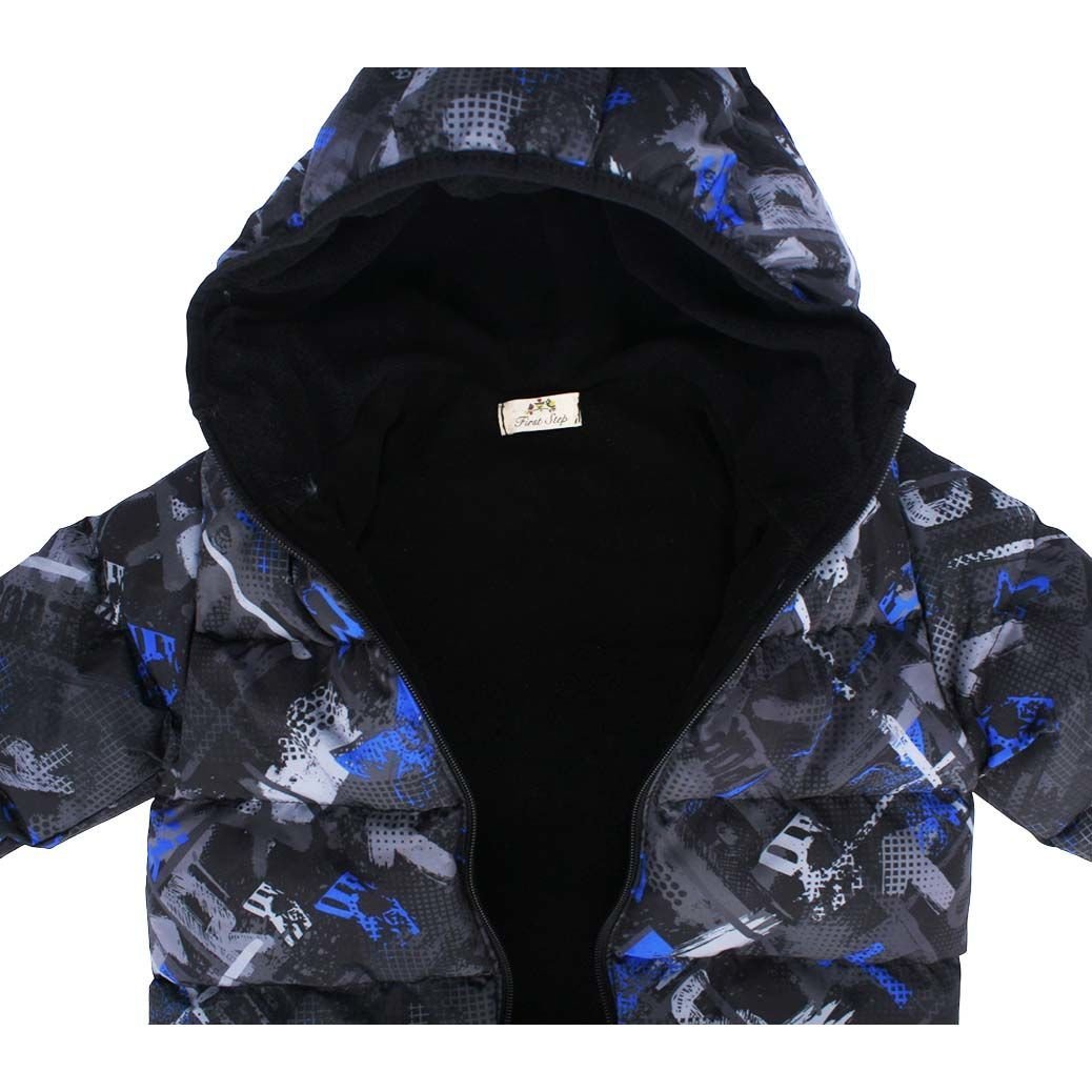 Erkek Çocuk Siyah Mavi Gri Desenli Şişme Mont