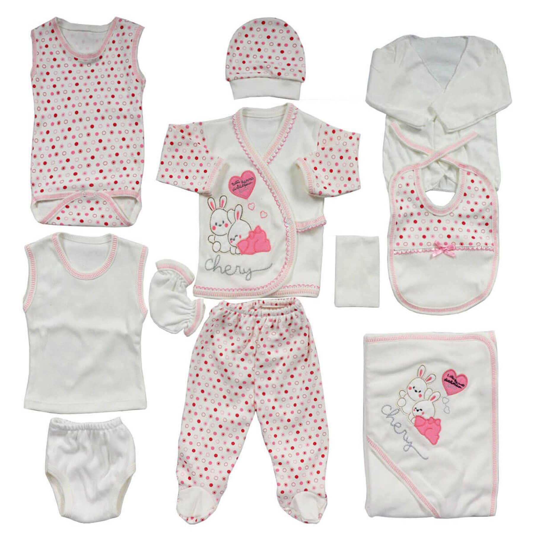 Chery Pembe Kalpli Tavşan Puanlı 11 Parça Yenidoğan Hastane Çıkış Seti 0-3 Ay