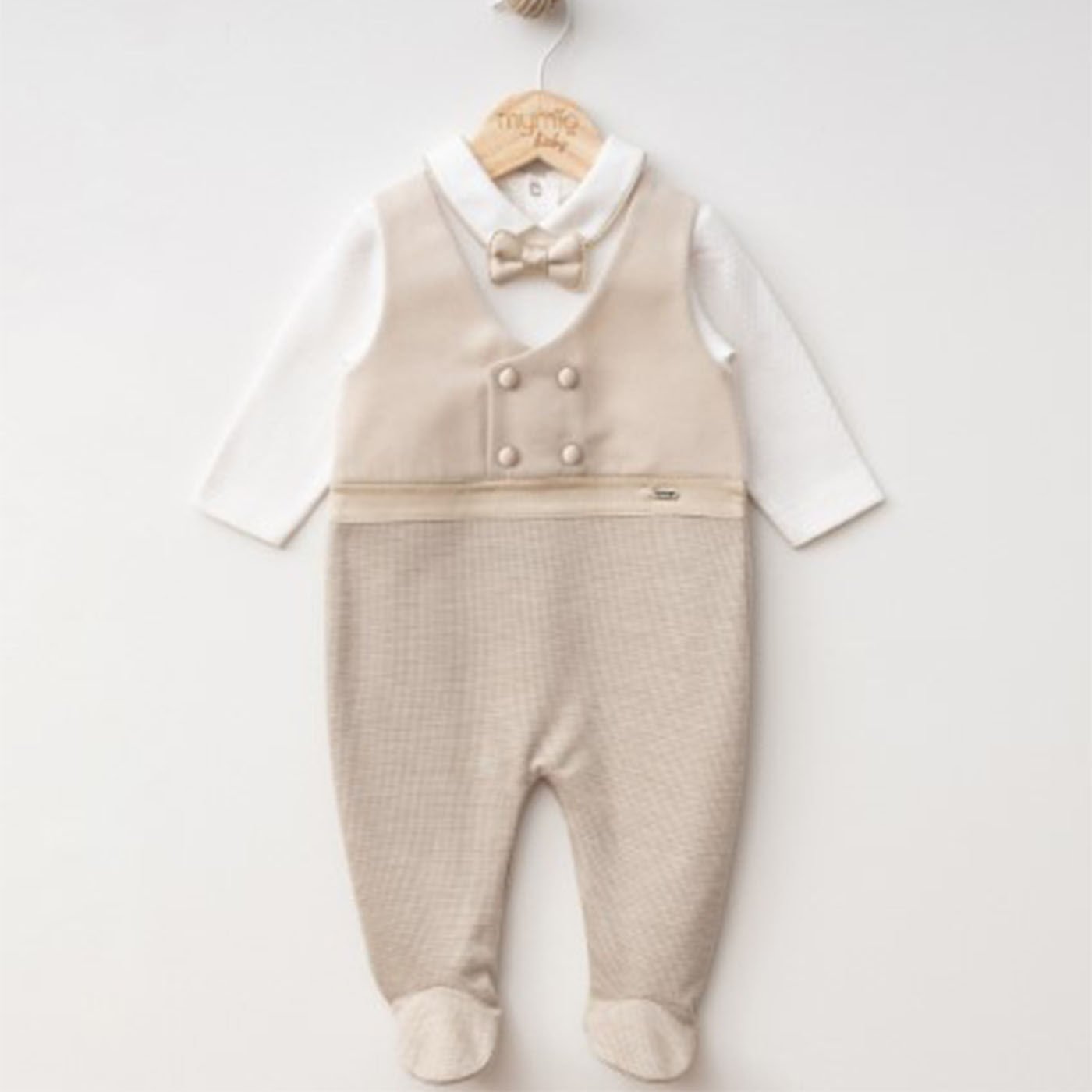 Erkek Bebek Ekru Kahve Papyonlu Kendinden Yelekli Patikli Tulum