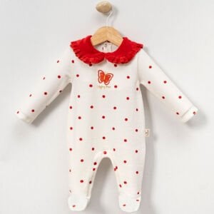 Kız Bebek Ekru Kırmızı  Puanlı Kelebekli Patikli Kadife Tulum