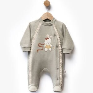 Kız Bebek Haki Yeşil Fistolu Tavşanlı Desenli Çıtçıtlı Patikli Tulum
