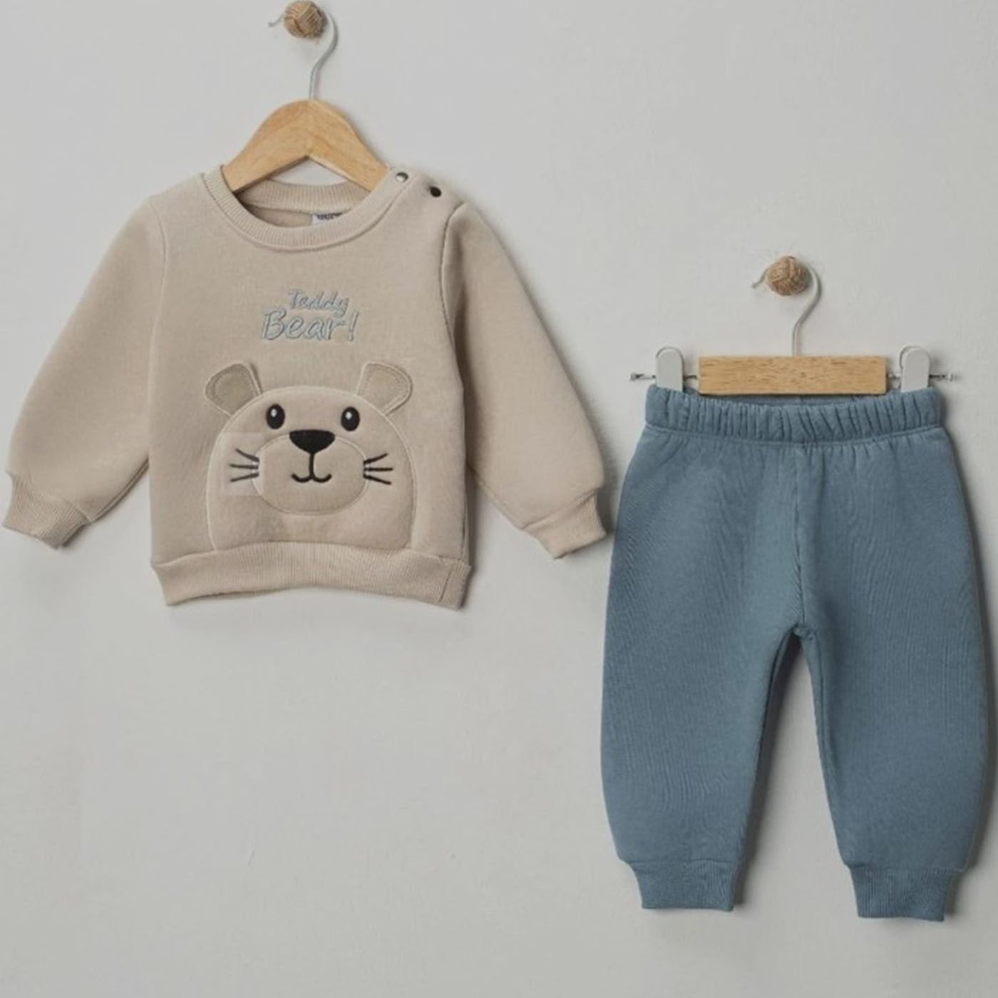 Erkek Bebek Gri Mavi Tedy Bear Ayılı Üç İp İkili Takım