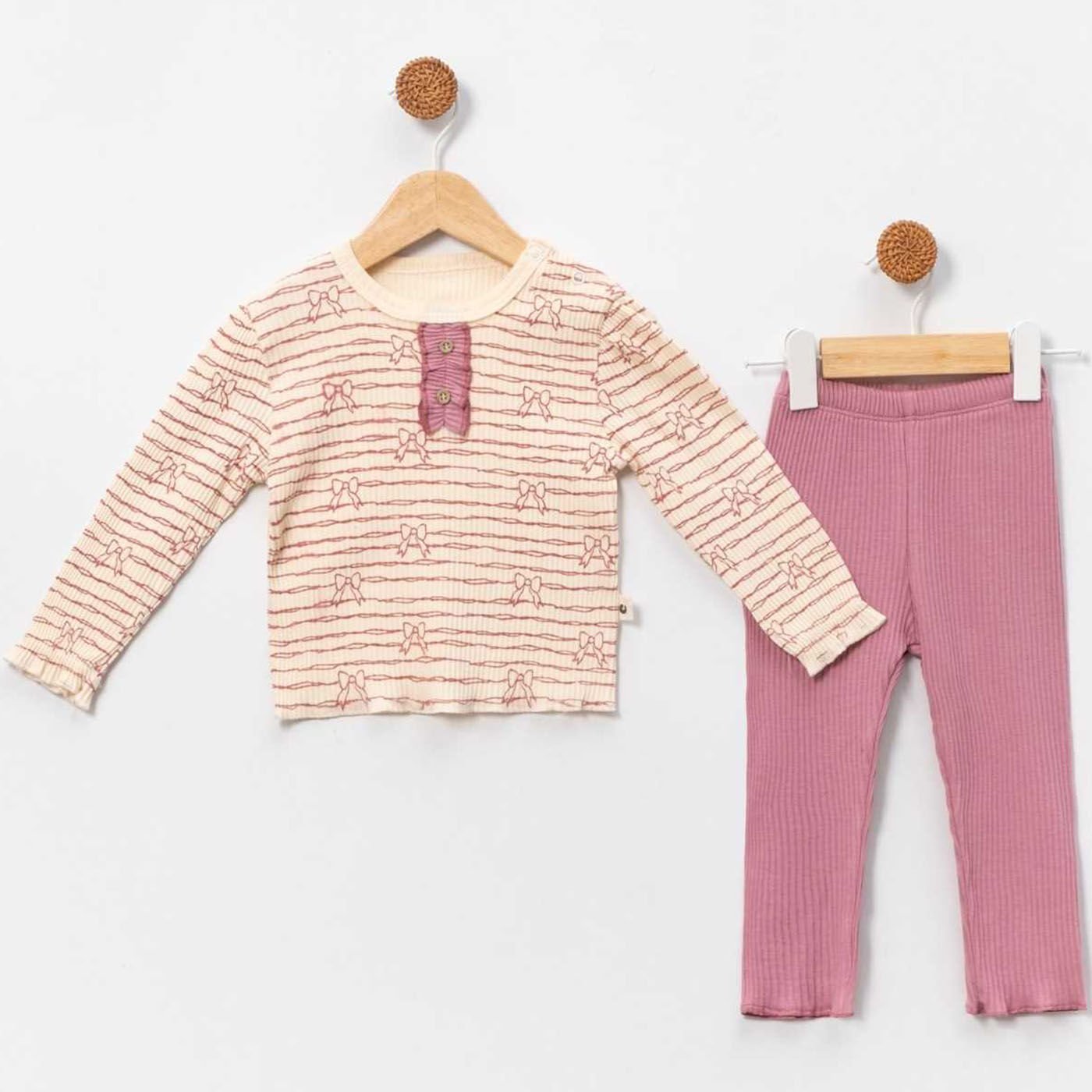 Kız Bebek Ekru Mor Fiyonklu Desenli 2'li Takım