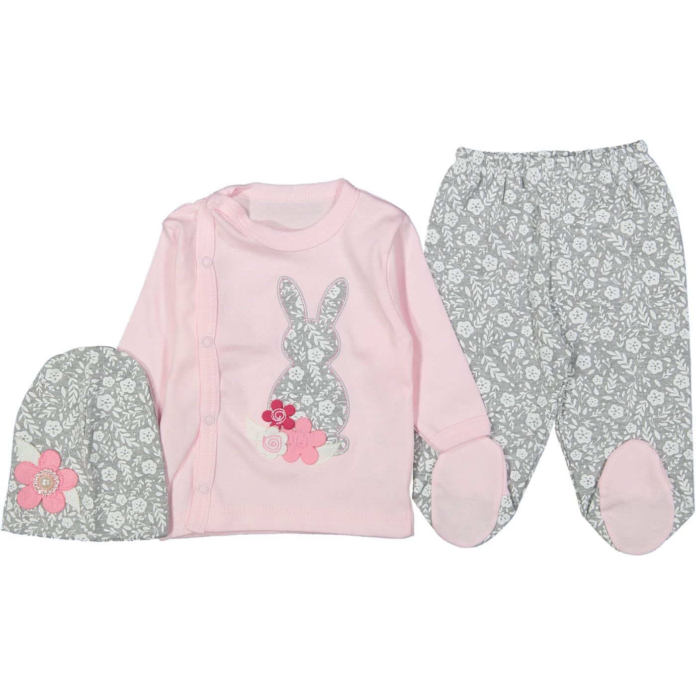 Kız Bebek Çiçekli Tavşan Nakışlı Somon Gri 3'lü Hastane Çıkış Seti