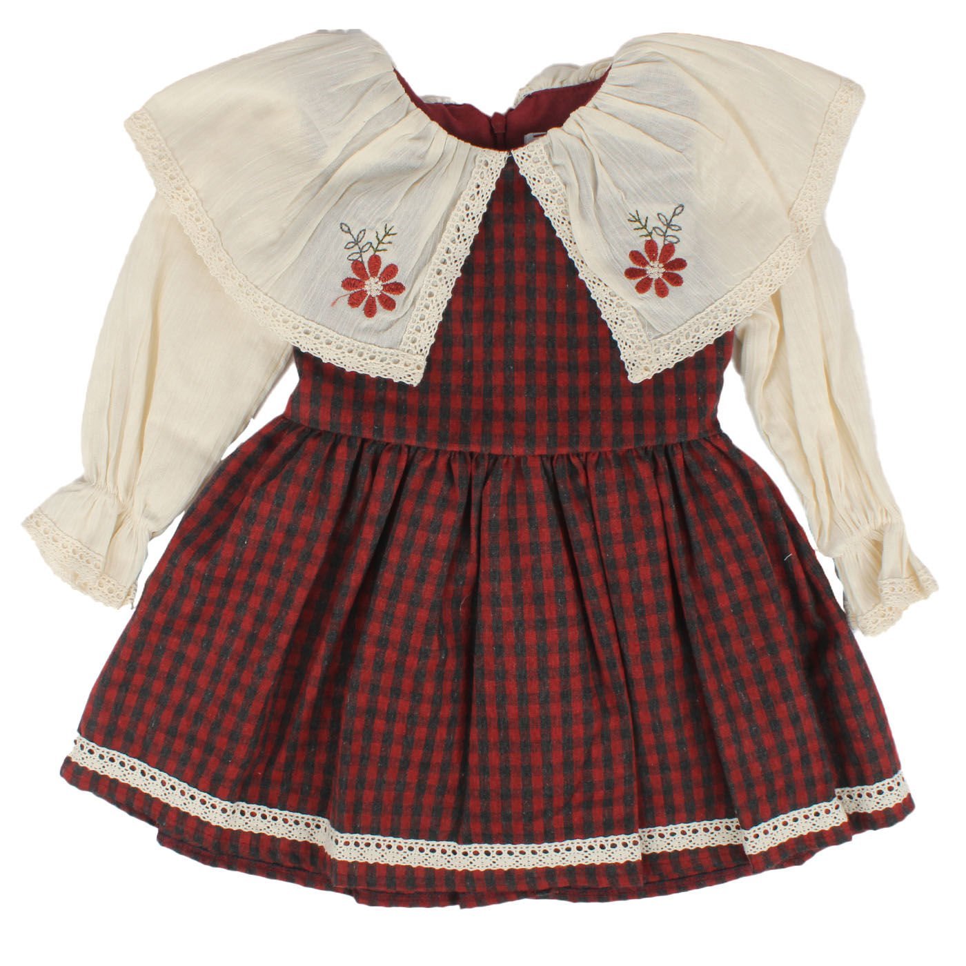 Kız Çocuk Ekru Kırmızı Ekose Desenli Yakalı Fistolu Çicek Nakışlı Elbise