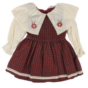 Kız Çocuk Ekru Kırmızı Ekose Desenli Yakalı Fistolu Çicek Nakışlı Elbise