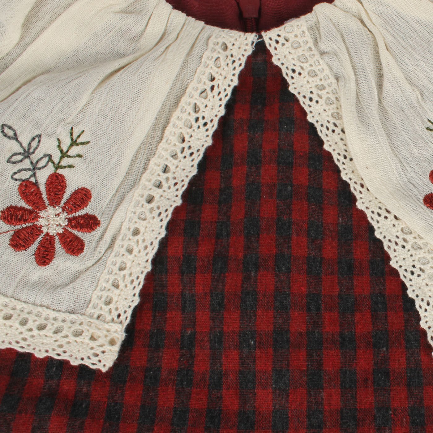 Kız Çocuk Ekru Kırmızı Ekose Desenli Yakalı Fistolu Çicek Nakışlı Elbise