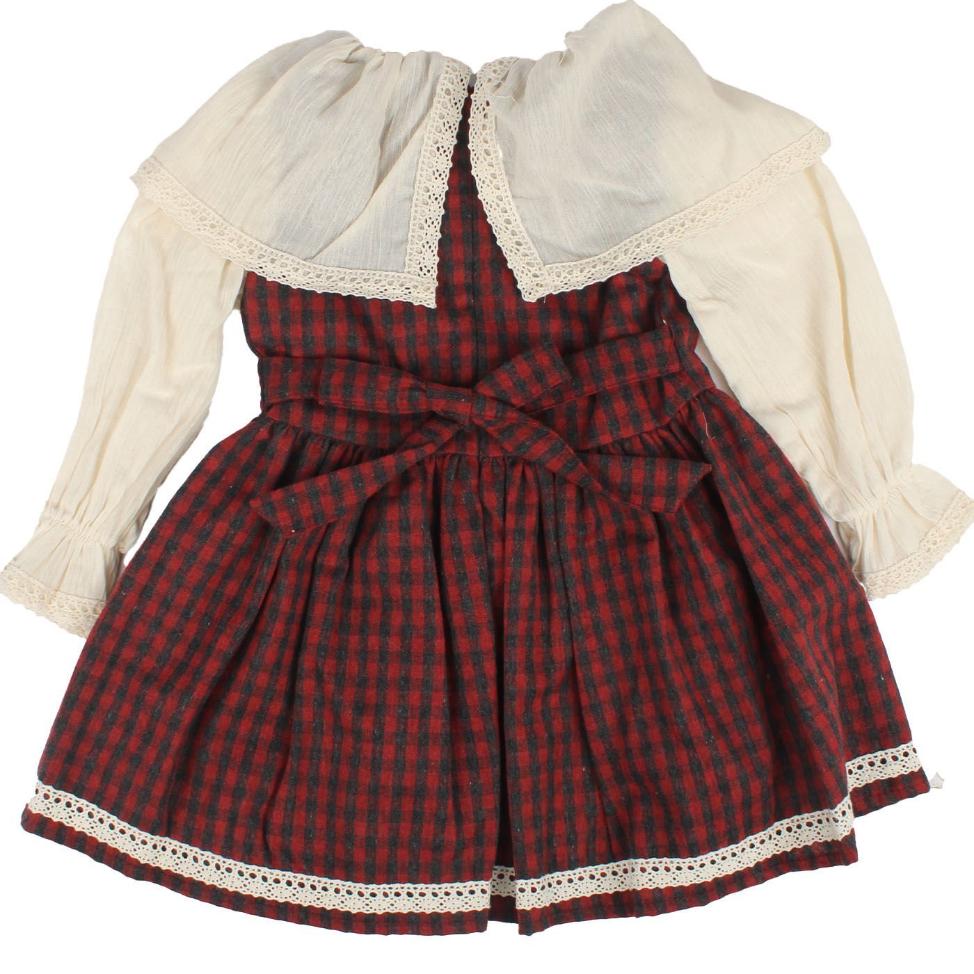 Kız Çocuk Ekru Kırmızı Ekose Desenli Yakalı Fistolu Çicek Nakışlı Elbise