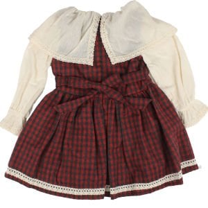 Kız Çocuk Ekru Kırmızı Ekose Desenli Yakalı Fistolu Çicek Nakışlı Elbise