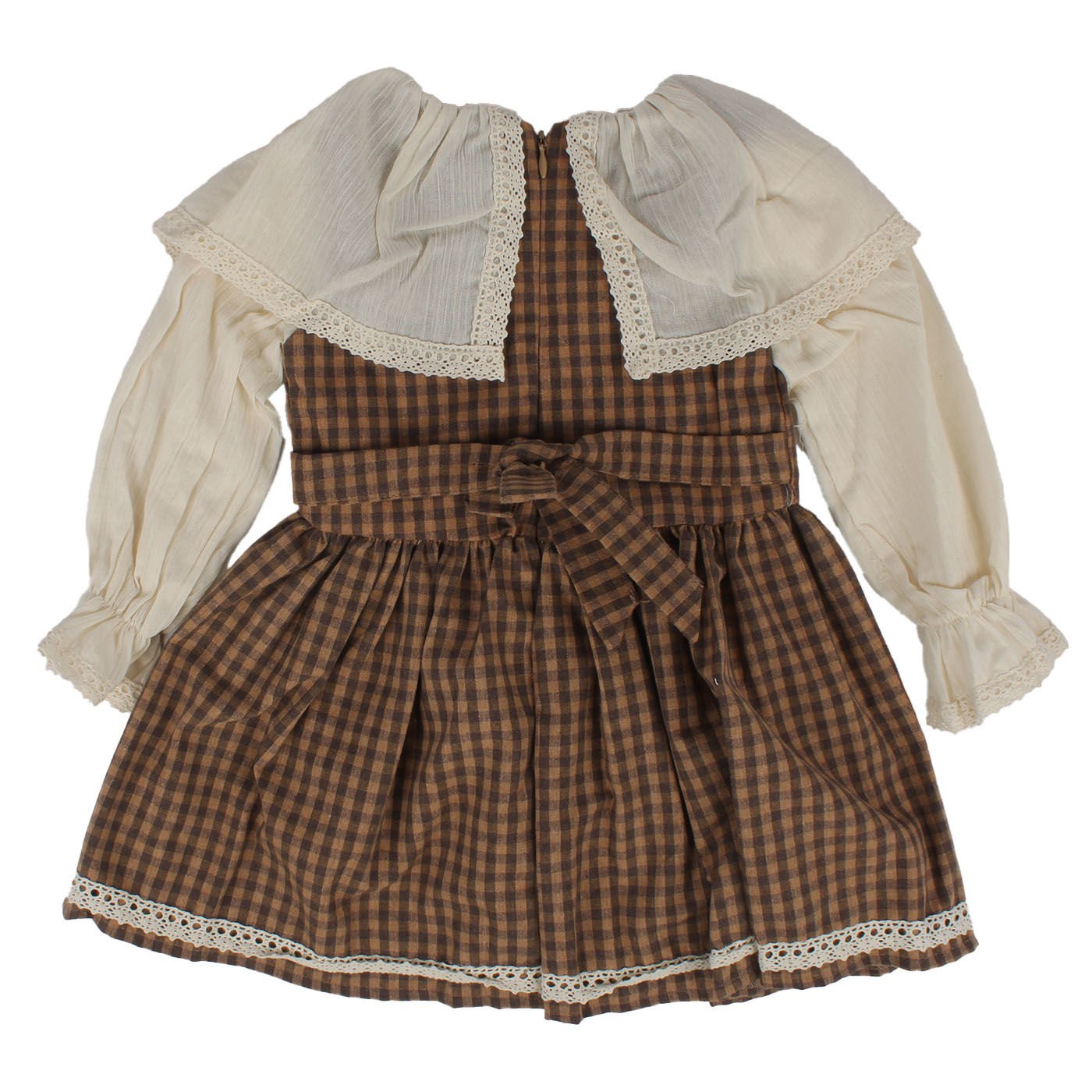 Kız Çocuk Ekru Kahve Ekose Desenli Yakalı Fistolu Çicek Nakışlı Elbise