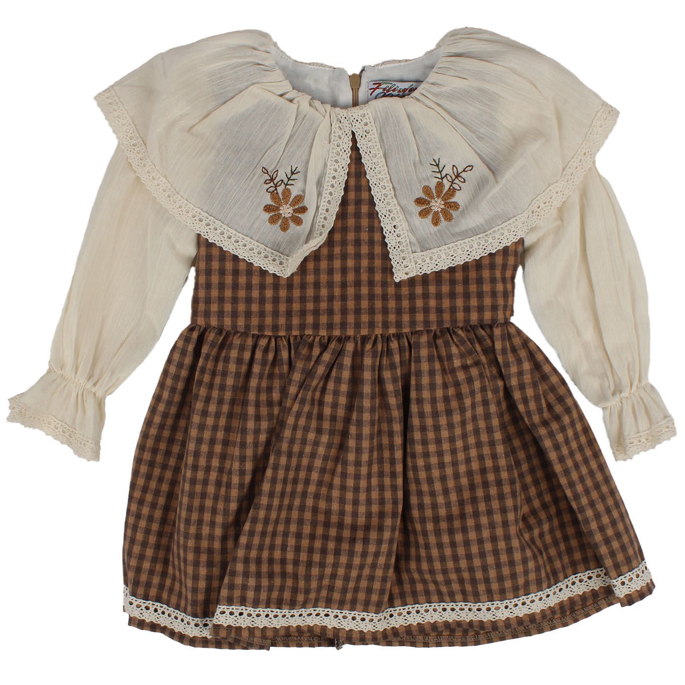 Kız Çocuk Ekru Kahve Ekose Desenli Yakalı Fistolu Çicek Nakışlı Elbise