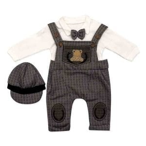 Papyonlu Ayıcık Desenli Kahve Şapkalı Salopet Tulum