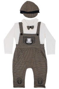 Papyonlu Ayıcık Desenli Kahve Şapkalı Salopet Tulum