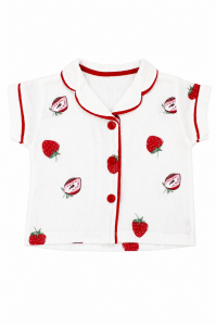 Kız Bebek Beyaz Kırmızı Çilek Baskılı Müslin Şortlu Pijama Takımı