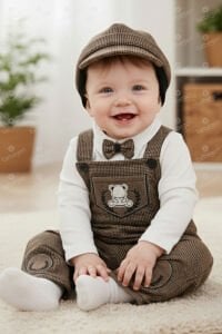 Papyonlu Ayıcık Desenli Kahve Şapkalı Salopet Tulum