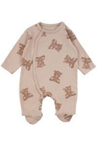 Erkek Bebek Bej Kahve Ayı Desenli Patikli Tulum