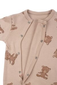 Erkek Bebek Bej Kahve Ayı Desenli Patikli Tulum