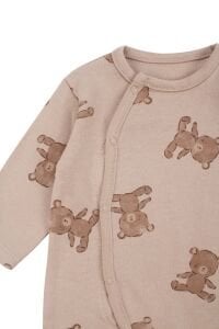 Erkek Bebek Bej Kahve Ayı Desenli Patikli Tulum