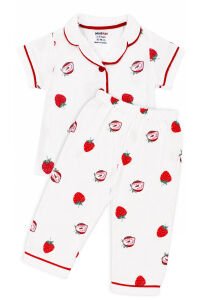Kız Bebek Beyaz Kırmızı Çilek Baskılı Müslin Pijama Takımı