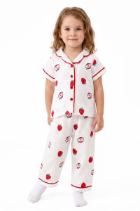 Kız Bebek Beyaz Kırmızı Çilek Baskılı Müslin Pijama Takımı