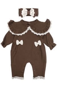 Kız Bebek Kahve Fisto Yakalı Fiyonklu Bandanalı Tulum