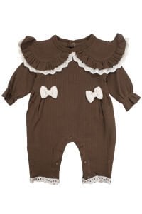 Kız Bebek Kahve Fisto Yakalı Fiyonklu Bandanalı Tulum