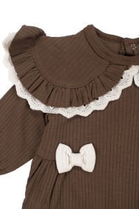 Kız Bebek Kahve Fisto Yakalı Fiyonklu Bandanalı Tulum