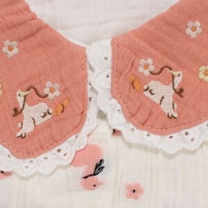 Kız Bebek Ekru Somon Müslin Ördekli Çicekli Desenli Yakalı Tulum