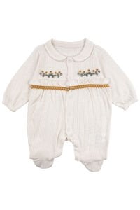 Kız Bebek Ekru Sarı Çiçek Nakışlı Patikli Yakalı Tulum