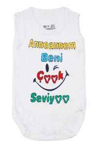 Unisex Beyaz Anneannem Beni Çok Seviyor Yazılı Askılı Zıbın
