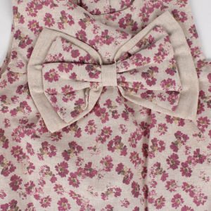 Kız Bebek Bej Mor Çiçek Desenli Büyük Fiyonklu Elbise