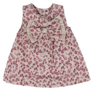 Kız Bebek Bej Mor Çiçek Desenli Büyük Fiyonklu Elbise