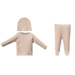 Unisex Bej Beyaz Noktalı Kendinden Eldivenli Bereli 3'lü Takım