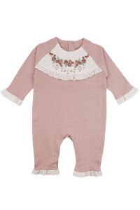 Kız Bebek Gül Kurusu Çiçek Nakışlı Fistolu Tulum