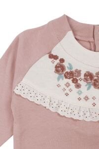 Kız Bebek Gül Kurusu Çiçek Nakışlı Fistolu Tulum