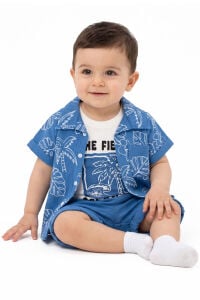 Erkek Bebek Mavi Beyaz Yaprak Desenli Gömlekli Şortlu Müslin 3'lü Takım