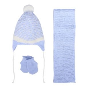 Erkek Bebek Mavi Beyaz Karışık Çizgi Desenli Triko Atkı Bere Set